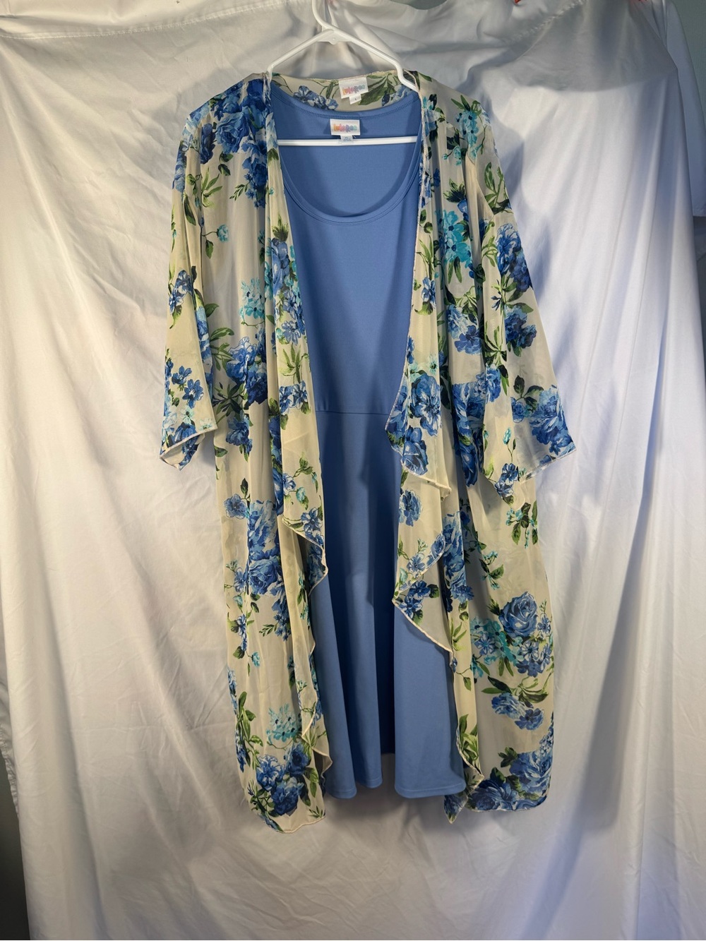 LuLaRoe Coordinated Set XL Nicki Dress L Chloe Kimono Blue Floral Cottagecore